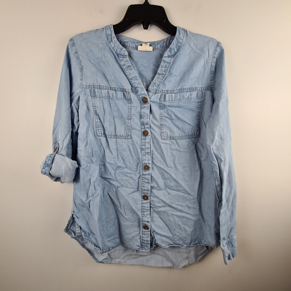 a.n.a Light Wash Blue Lyocell Button Down Roll Tab Sleeve Utility Shirt Small